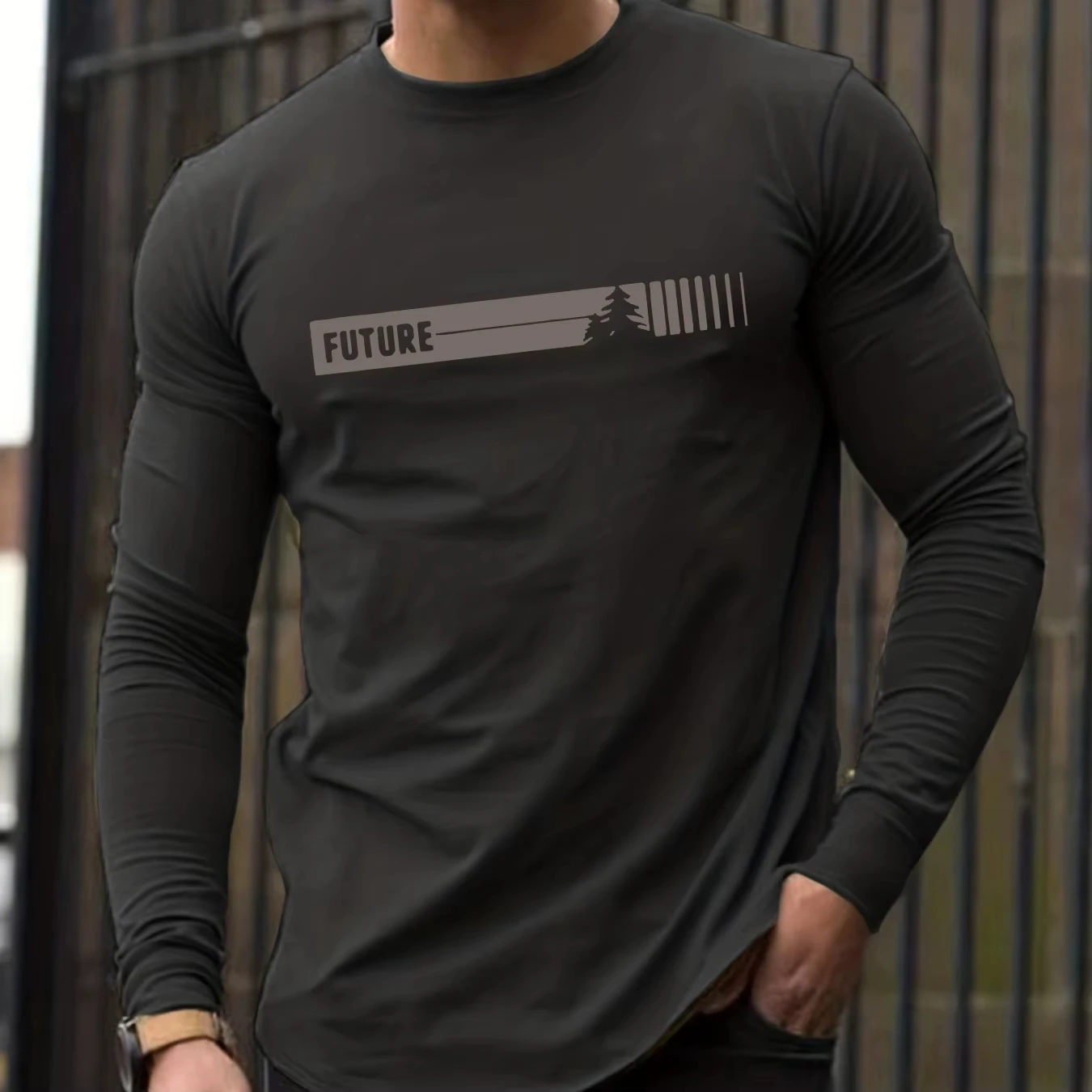 تي شيرت رجالي مطبوع بنمط حروف المستقبل للربيع والصيف كاجوال رياضي عصري برقبة دائرية وأكمام طويلة بلوفر علوي