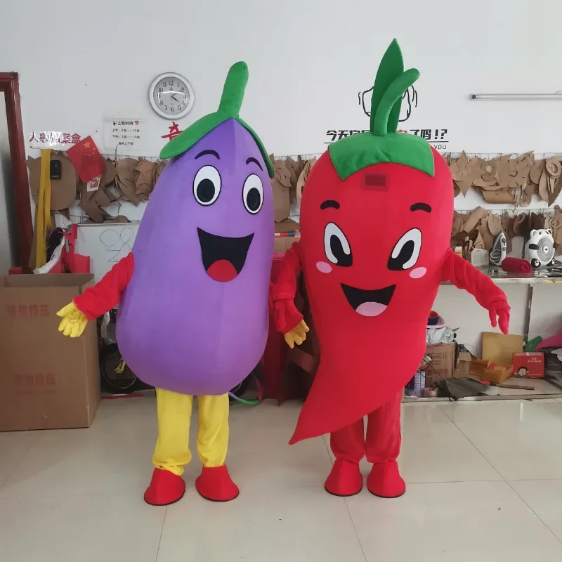 2024 New Eggplant and Chili Mascot Cartoon Doll Costume for Adult Men Women Performance Funny Walking Doll Clothing