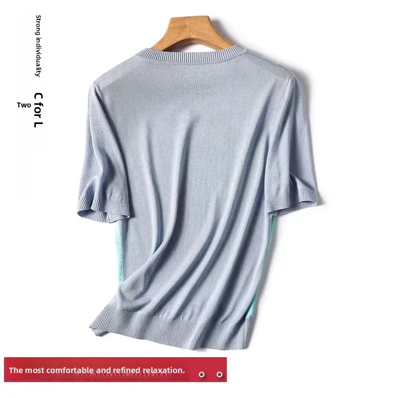 Silk Printed Splice Knitted T-irt ort Sve Women's Faion Outlet Store Bright Tead/Bead Commute Sle Polyester Nylon