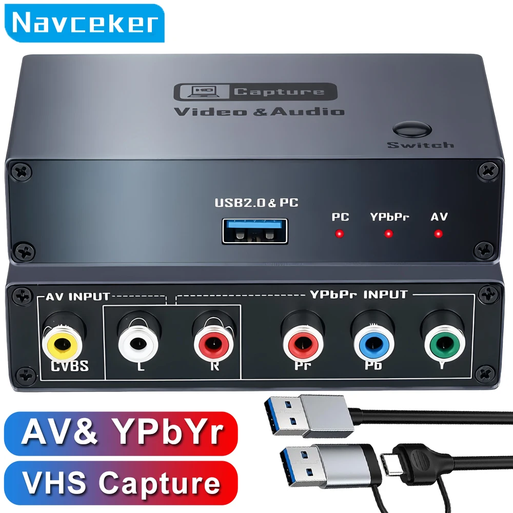 Carte de capture vidéo AV RCA YPbPr USB 2.0 Navceker 1080P, convertisseur audio-vidéo numérique VHS, enregistreur, adaptateur pour PC PS2 Wii