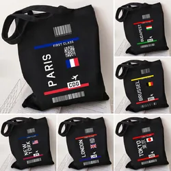 Paris New York London Flight Ticket First Class Women Canvas Shoulder Bag Black Handbags Totes Eco Reusable Cotton Shopping Bags