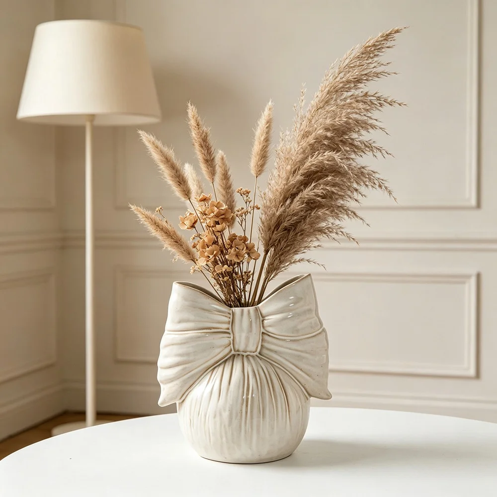 Artistic Ribbon Bow Ceramic Vase Creative Knot Shape Flower Arrangement Modern White Porcelain Vase Romantic Anniversary Gift