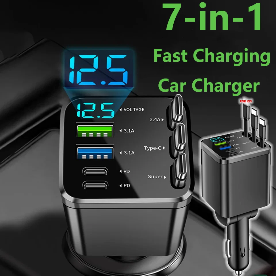7-In-1 Car Charger 150W Retractable 3 Type C A Port Usb Car Charger Fast Charging for Iphone 12 15 16 Samsung Usb C To Ios Cable