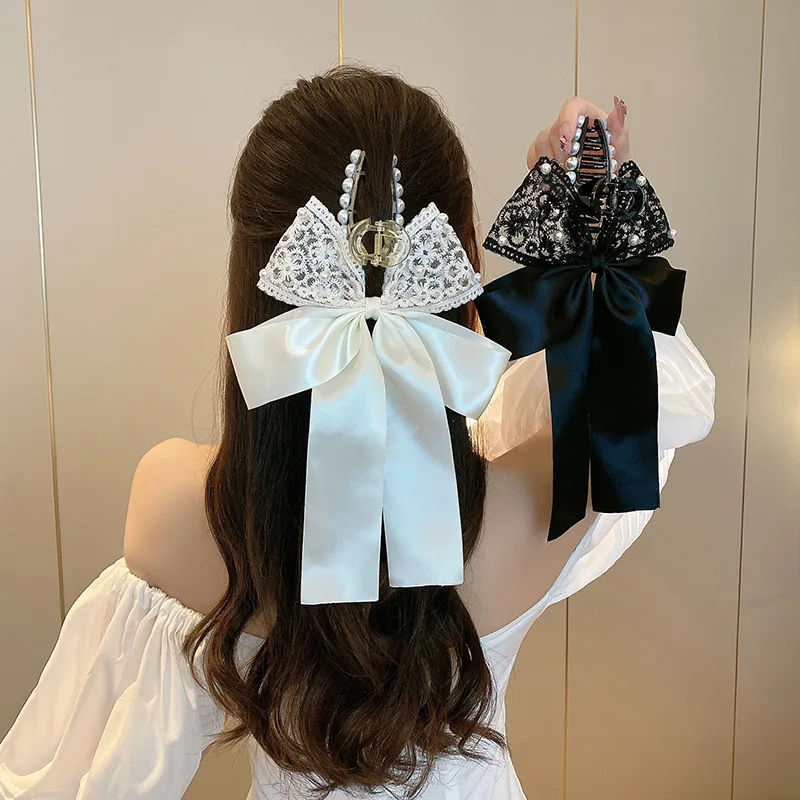 New Elegant Lace Floating Ribbon Bow Hair Clip Grip Clip Retro Ponytail Buckle Claw Female Hair Clip Hair Accessories Gift