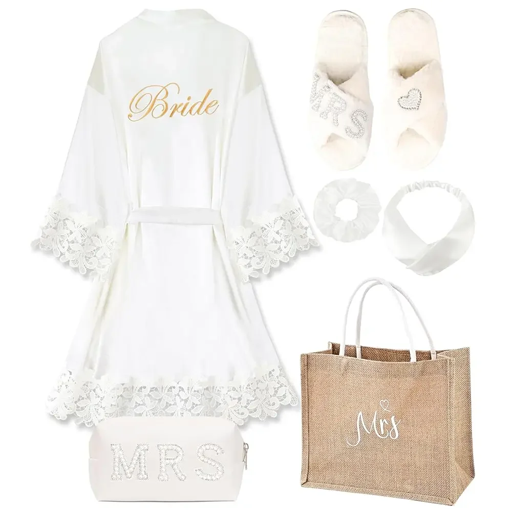 

6 Pcs Women Bride Robe with Accessories for Bride Bachelorette Party Engagement Honeymoon Bridal Shower Gift