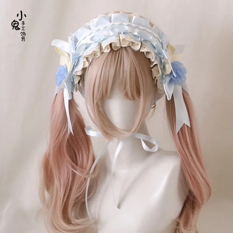 

Элегантный комплект головных уборов Лолита: синяя повязка на голову с цветочным бантом, мини-шляпка, манжеты на запястья, балетный головной убор для куклы