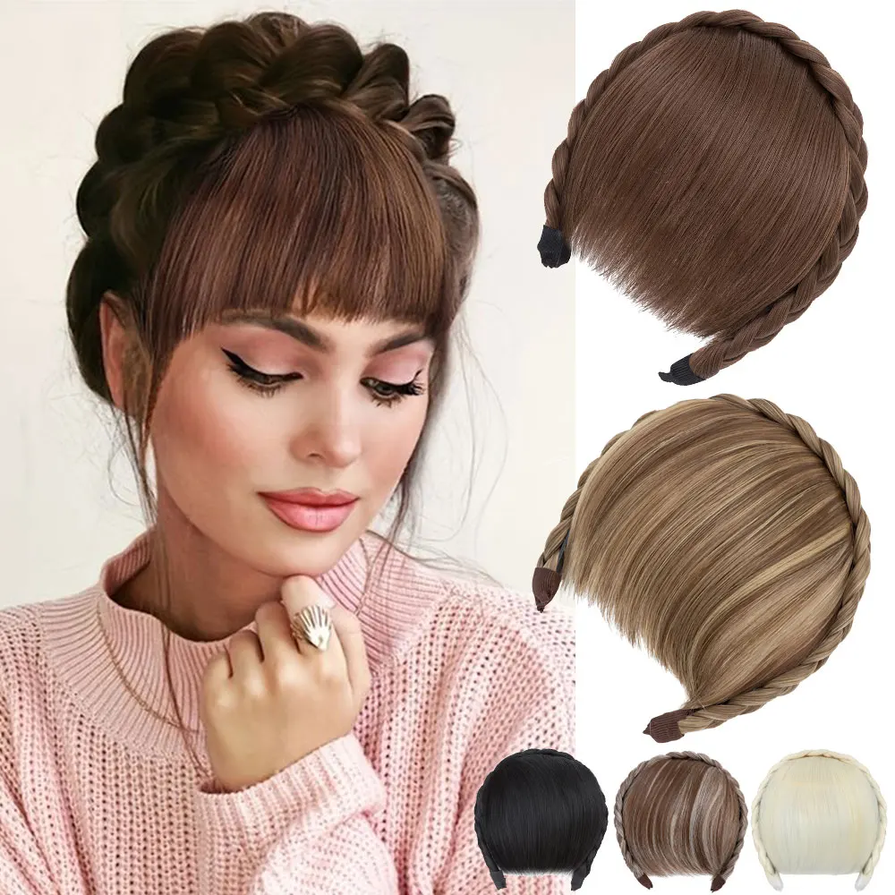 S-noilite Synthetic Headband Wig with Bangs and Sideburns Brown Black Hairpiece for Natural Look Daily Wear Parties Cosplay
