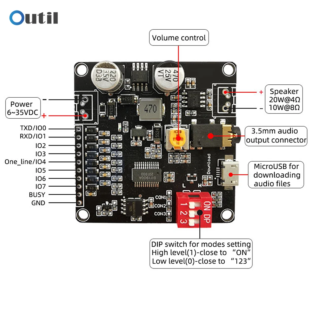 

DY-HV8F 12V/24V Trigger Serial Port Control 10W/20W Voice Playback Module with 8MB Flash Storage MP3 Music Player for Arduino