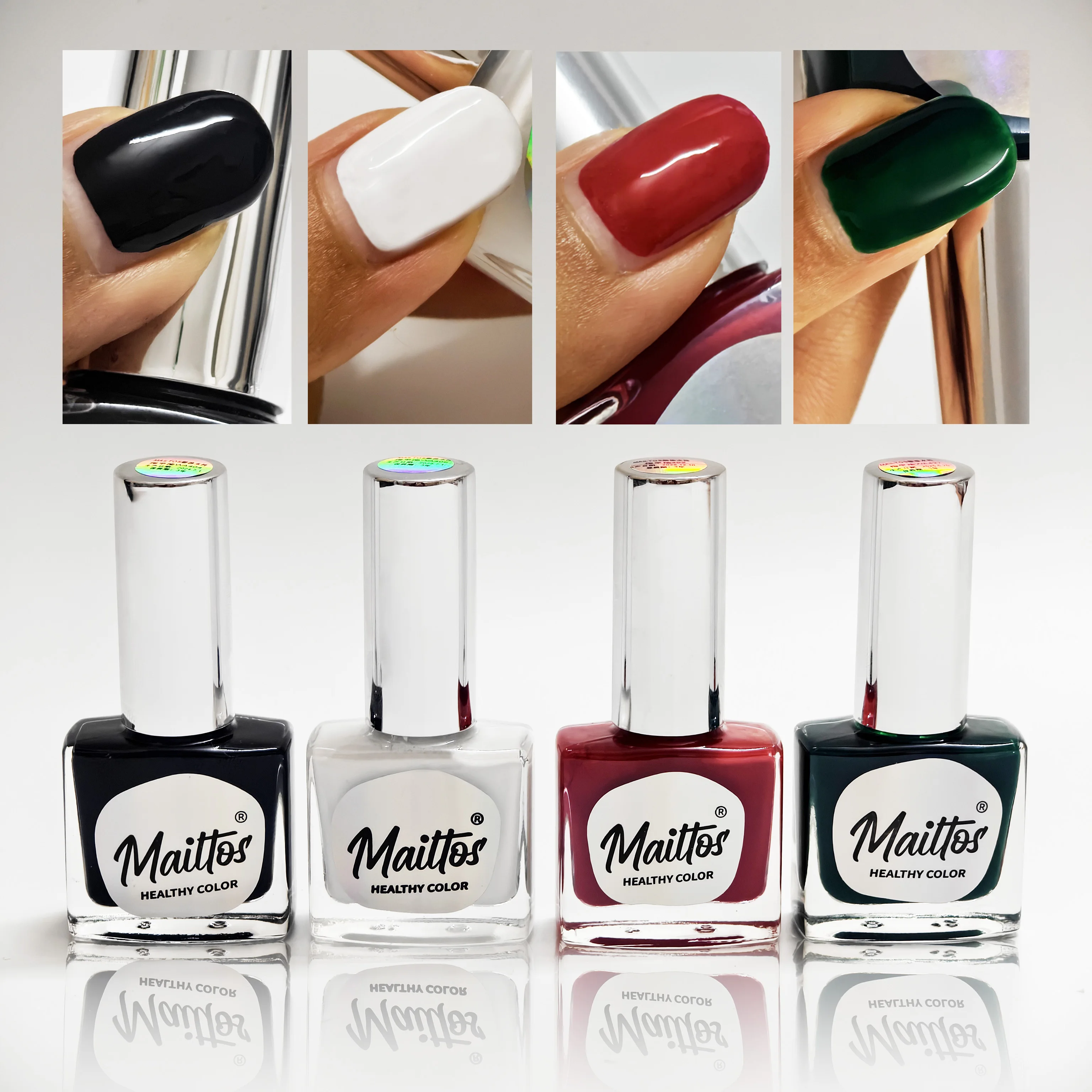 

12mlx4 [402/404/506/527]Red, Green, Black, White Water-based Nail Polish, Oderless, dry quickly, No need UV lamp, easy tear