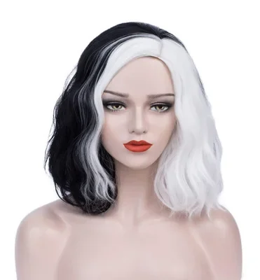 

Черно-белый парик Cruella Deville для женщин, костюм Cruella Deville, короткий вьющийся парик с волнистыми волосами, милые мягкие парики для костюмированной вечеринки