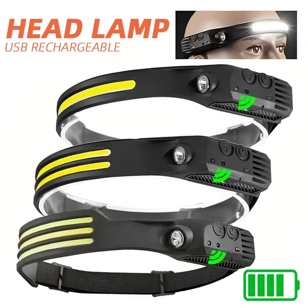 LED COB Sensor Headlamp USB Rechargeable Head Torch with Built-in Battery Outdoor Camping Fishing Headlight Emergency Lantern