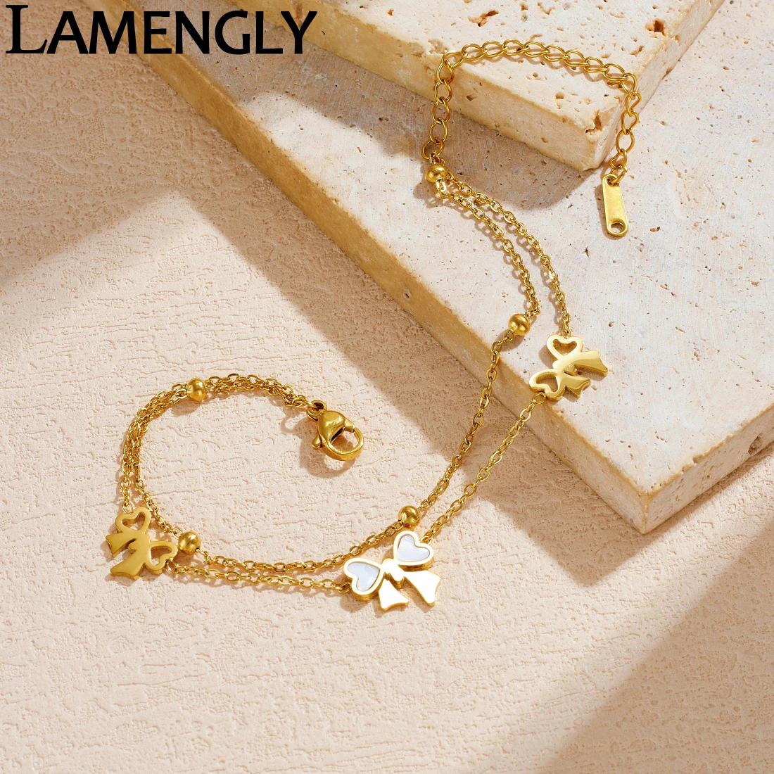 LAMENGLY 316L Stainless Steel White Shell Inlay Heart Bowknot Double-Layer Bracelet Women Romantic Elegant Hand Chain Jewelry
