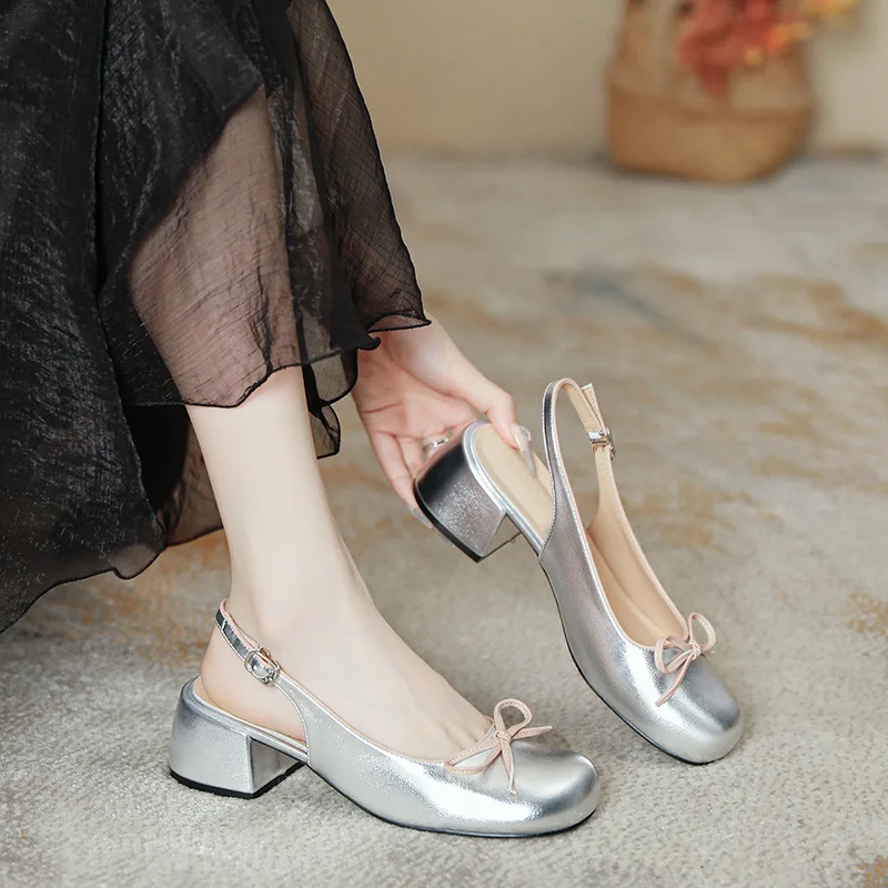 Retro Woman Shoes 2024 Summer Beige Heeled Sandals Mary Jane Original Black Block Closed New Bow Leather Low Comfort Open Girls