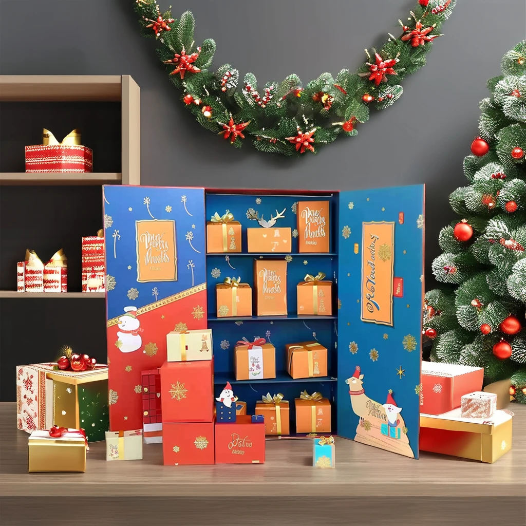 Customization.Custom Empty 24 Days Christmas Advent Calendar Rigid Cardboard Jewelry Gift Box UV Matt Lamination Food Storage Em