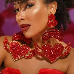 Exaggerate Red Angel Wings Heart Earrings Temperament Accessories Fashion Trend Large Rhinestone Hanging Earrings for Women Gift
