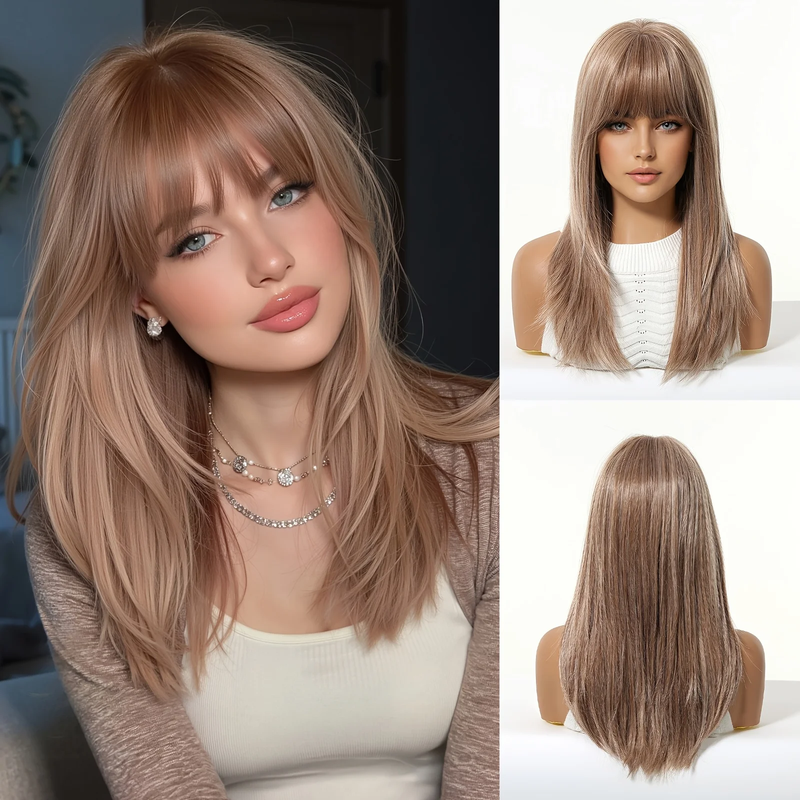 18-Inch Lady Pink-Brown Air Bangs Mechanically Layered Full Head Wig, Elegant Princess Style Suitable For