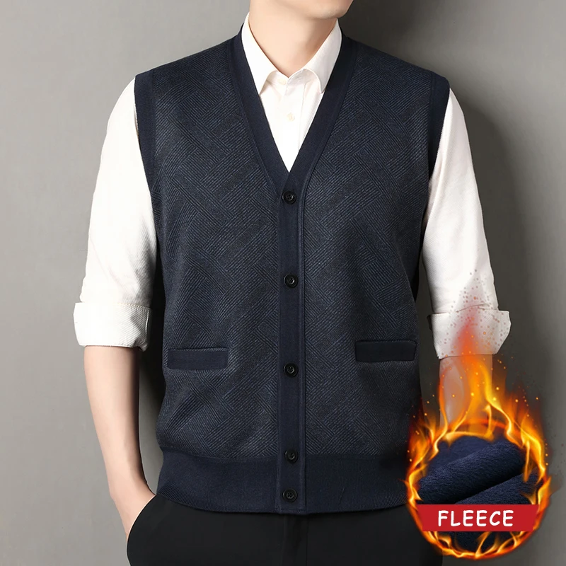 Mens Sleeveless Vest V Neck Button Down CardiganVests Knitted Suit Vest Dad's Argyle Vest with Pocket