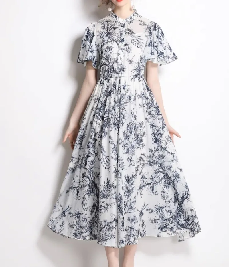 Blue Printed Vintage Women Dress Lace-up Summer Short Sleeve O-neck Elegant Dresses Bodycon Streetwear Runway Design Vestidos