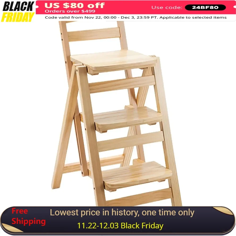 Folding Bar Stool Multifunctional 3 Step Ladder,Solid Wood Ladder Stool Counter Height Tall Stool,PortableAdults Outdoor