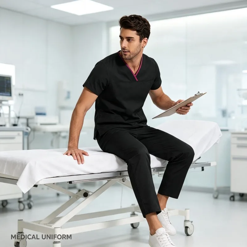 Womens Mens Short Sleeve V Neck Scrub Set Quick Dry Breathable Uniform for Operating Room Clinic Vet Summer Workwear