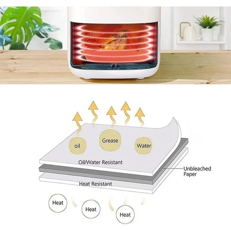 100개 논스틱 에어프라이어 라이너 오일 방수 파치먼트 종이 베이킹 로스팅 전자레인지 프리컷 에어프라이어 액세서리