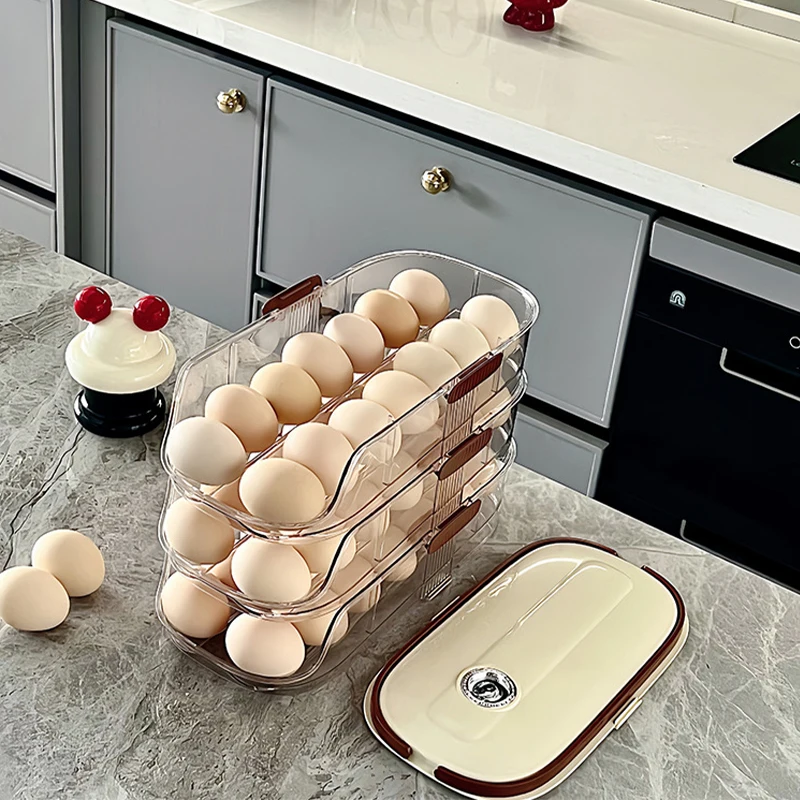 Auto Rolling Egg Holder for Refrigerator Stackable Egg Storage Container With Date Recorder Egg Drawer Organizer For Fridge