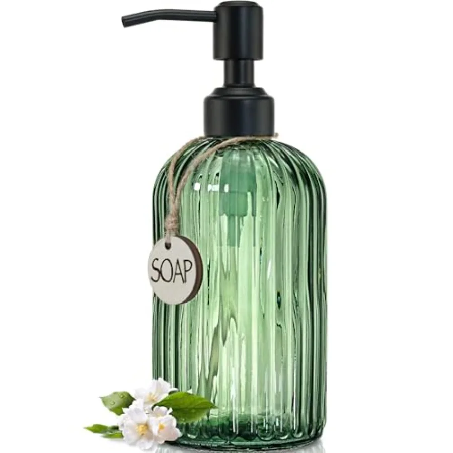 

18Oz Green Glass Soap Dispenser with Black Rust Proof Pump, Refillable Bathroom soap Dispenser with Thick Glass, Soap Dispenser