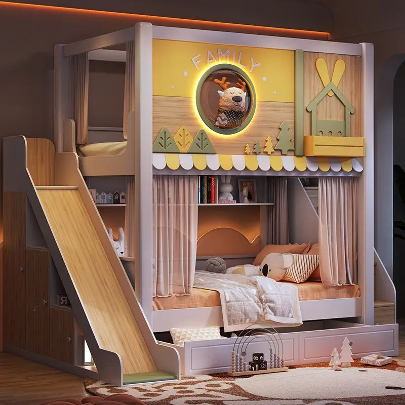 *Modern Forest Theme Kids Bunk Bed With Slide Storage Stairs Drawers Bookshelf Children Bedroom Furniture for Boy Girl
