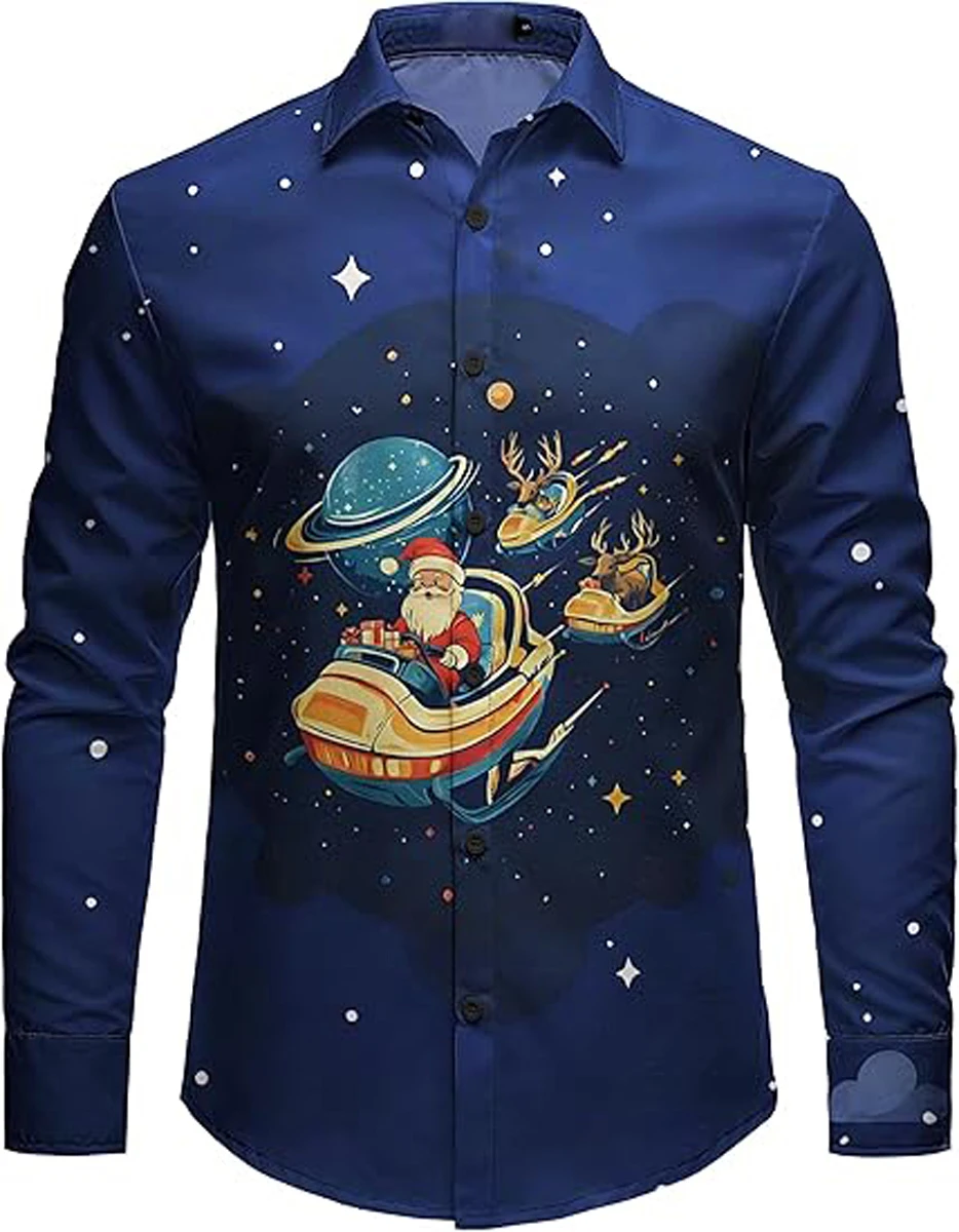New Men's Christmas Shirt - Soft Long-Sleeved/Short-Sleeved Button-Down Shirt with Reindeer Print Hawaiian Shirt Holiday Parties