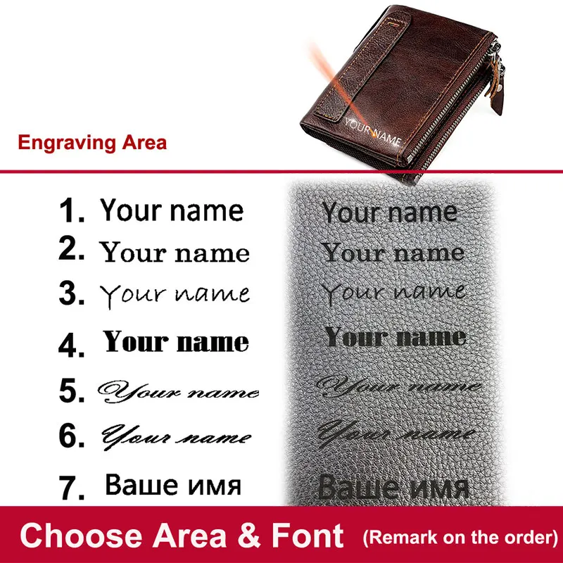 Genuine Leather Short Men RFID Wallets Name Engraving Leather Card Holder Brand Men Retro Coin Pocket Zipper Male Wallet