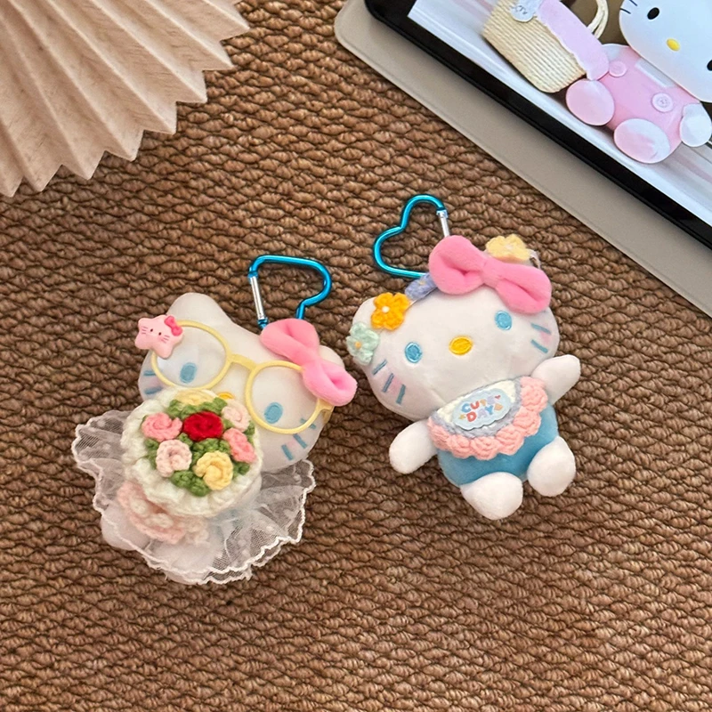 Sanrios Hellokittys fleur en peluche poupée porte-clés Anime Kitty chat doux Animal pendentif à breloque pour sac d'école sac à dos sac à main accessoire