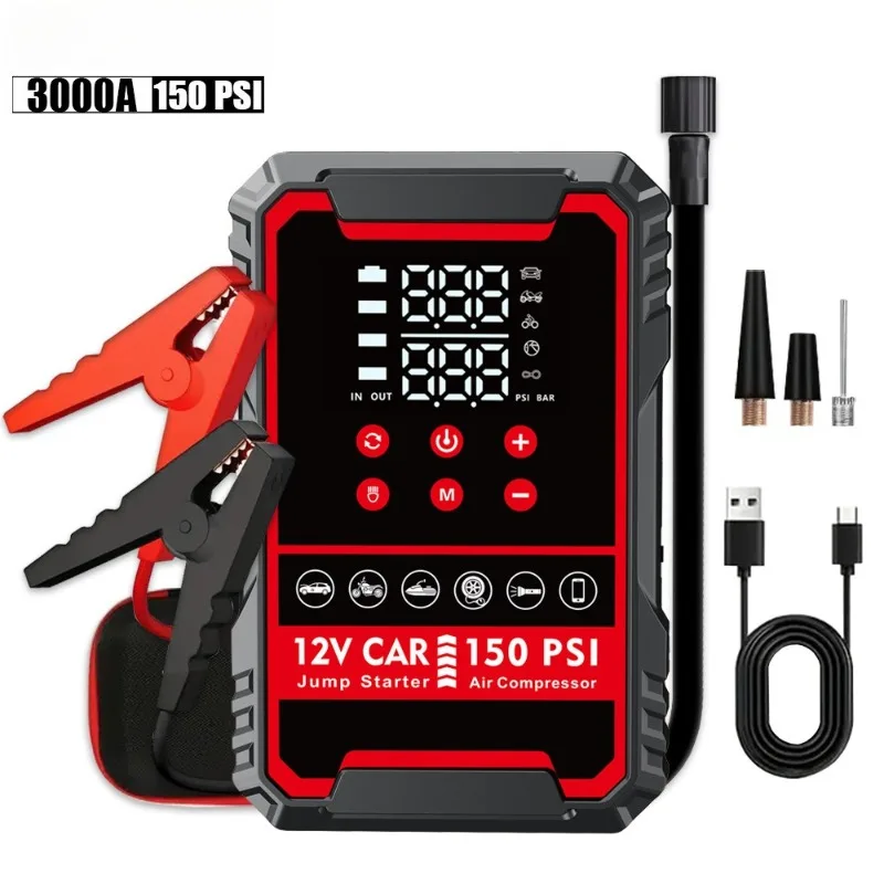 

Portable Car Emergency Start Power Supply 3000A Power Supply Air Pump All-in-one for Car Start Auxiliary Tire Inflation Lighting