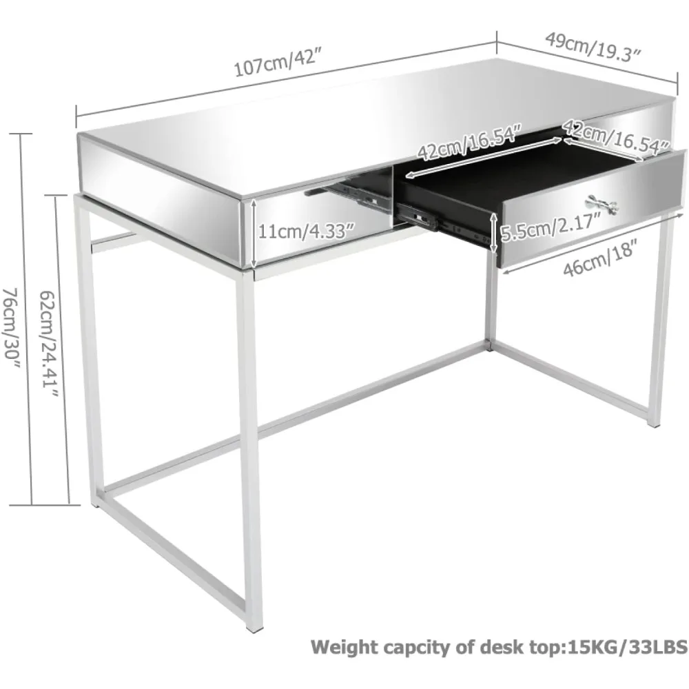 طاولة زينة بمرآة زجاجية بمقبض كريستالي فاخر وأنيق، طاولة تعليمية متعددة الوظائف مقاومة للخدش