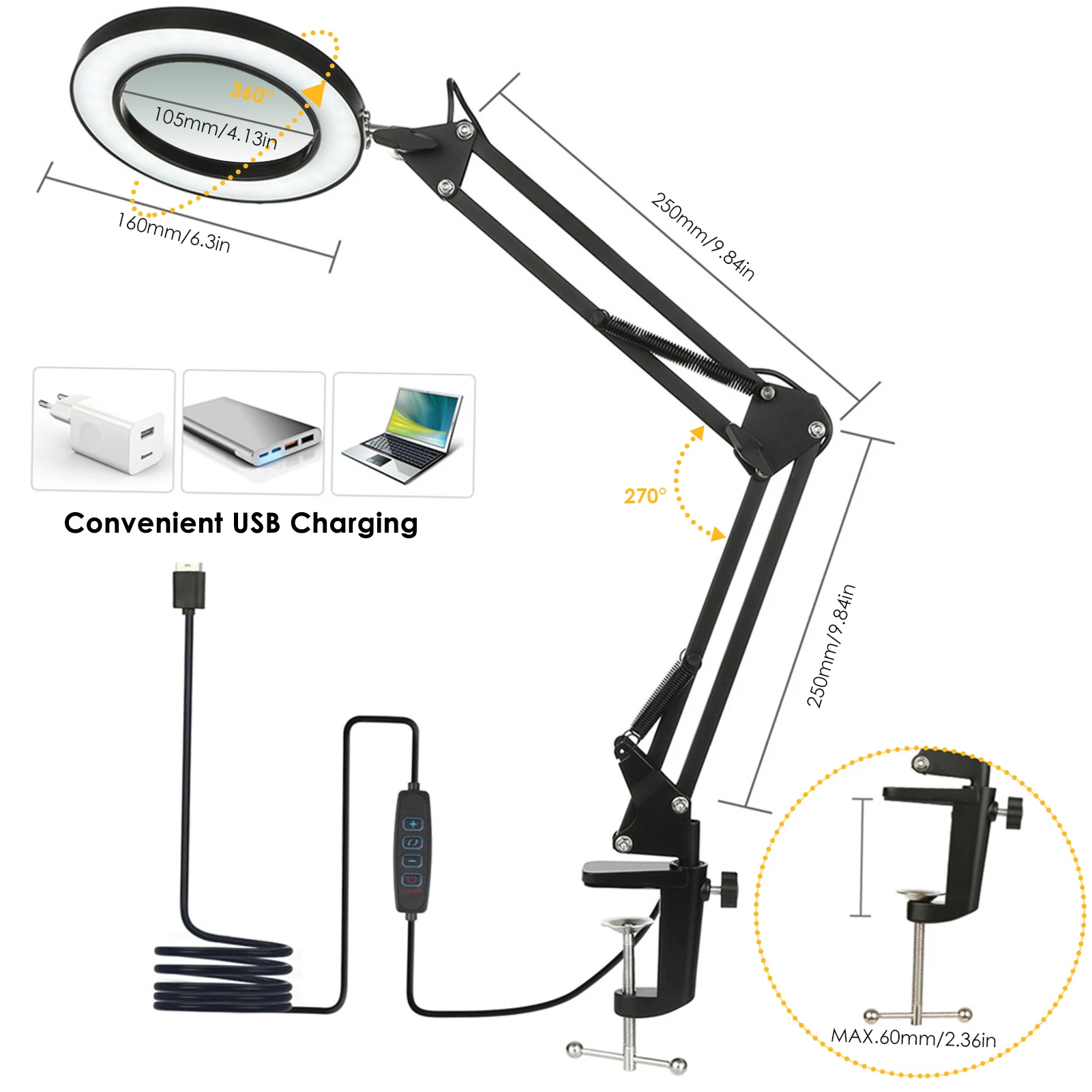 

Гибкая настольная лампа с зажимом и 8-кратной лупой, поворотный кронштейн, светодиоды с регулируемой яркостью, настольная лампа, 3 цветовых режима, рабочий светильник для чтения и учебы