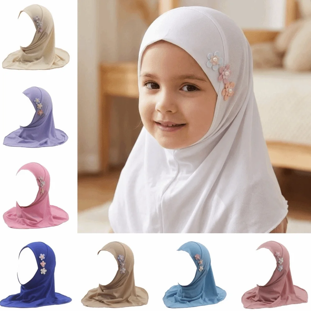 Soft Little Girls Pull-On Hijab with Floral Ornament Non-slip Crystal Linen Headscarf Stretch Solid Colors Head Wrap Turban