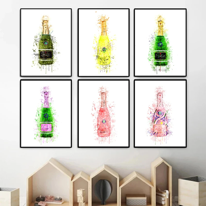 Watercolour Splash Poster Wimbledon Style Champagne Bottle Canvas Paintings Print Wall Art Picture for Home Decoration