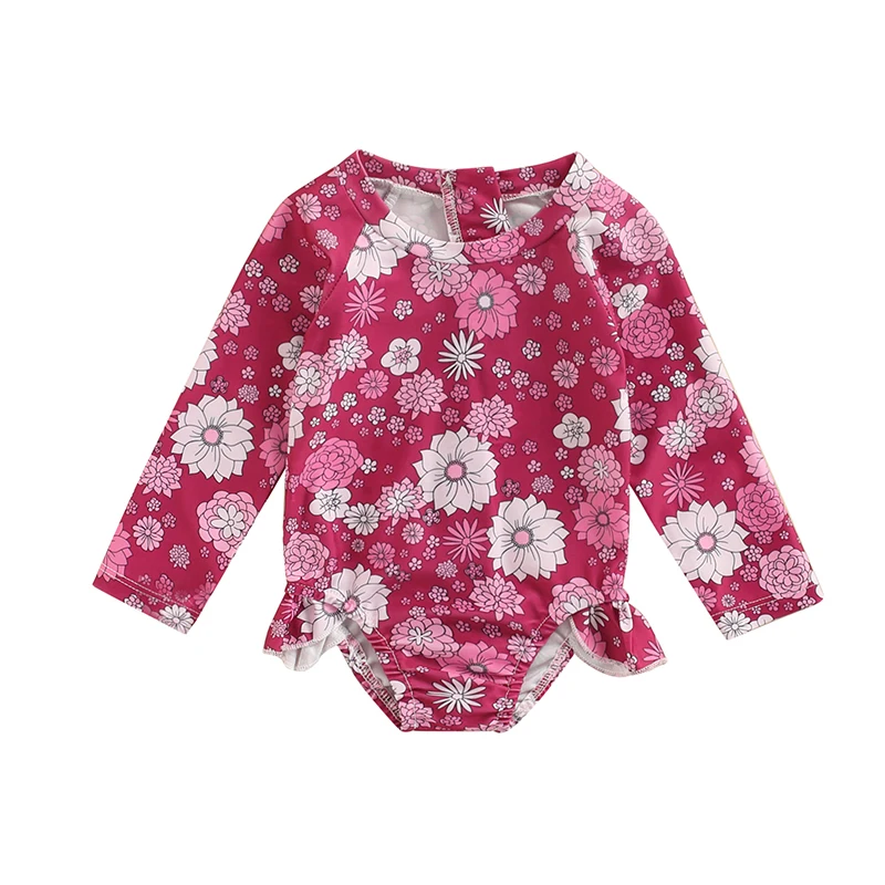 Yiiciovy-꽃 프린트 라운드 넥 긴 소매 프릴 수영복 1-6T 유아용, 아기 키즈 비치 선 스크린 수영복 어린 소녀 패션 