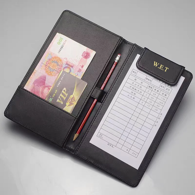 Custom Restaurant Name Menu Folder PU Leather Hotel Bill Receipt Holder Card Holder Check Presenters Engraving Writing Board