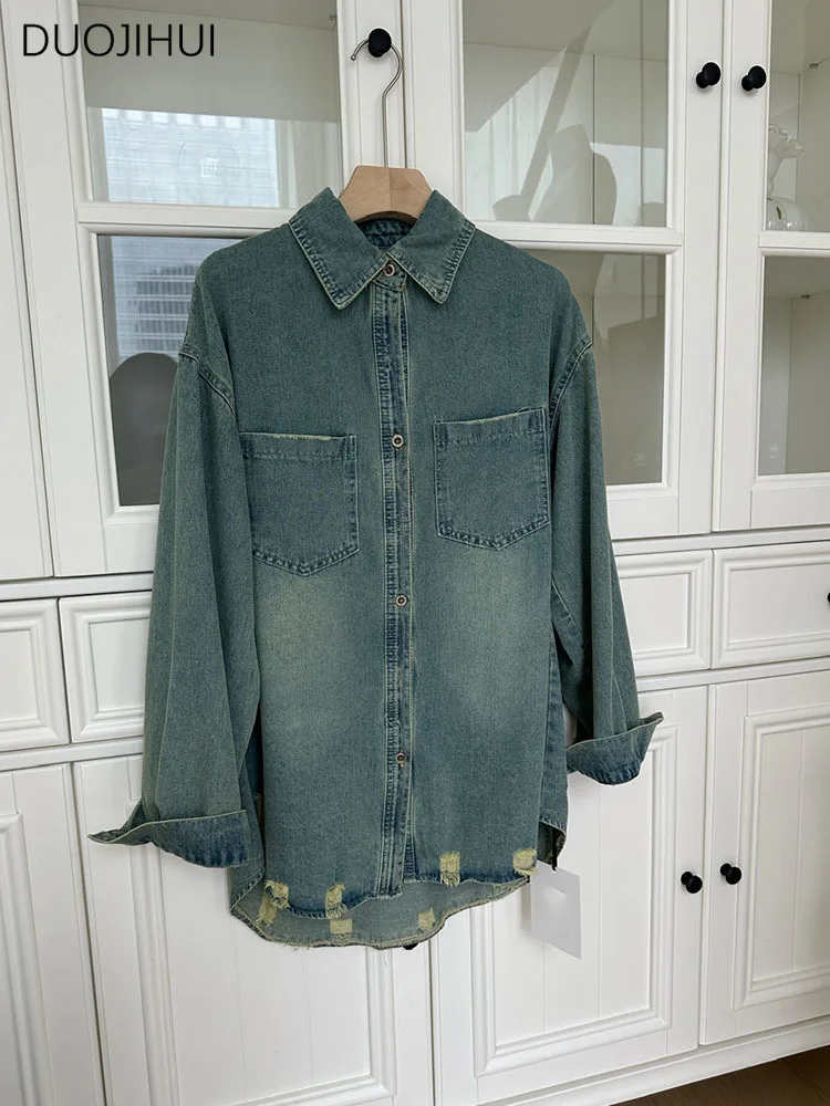 DUOJIHUI Spring Classic Washed Vintage Women Denim Coat New Basic Single Breasted Fashion Loose Simple Casual Female Denim Coat