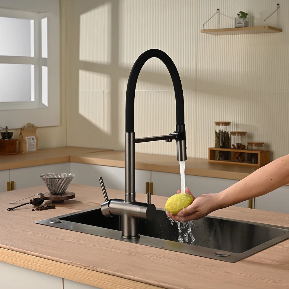SKOWLL Modern High Arc Pull-Down Kitchen Faucet, Black Stainless Steel Sink Tap with Sprayer for Contemporary Home