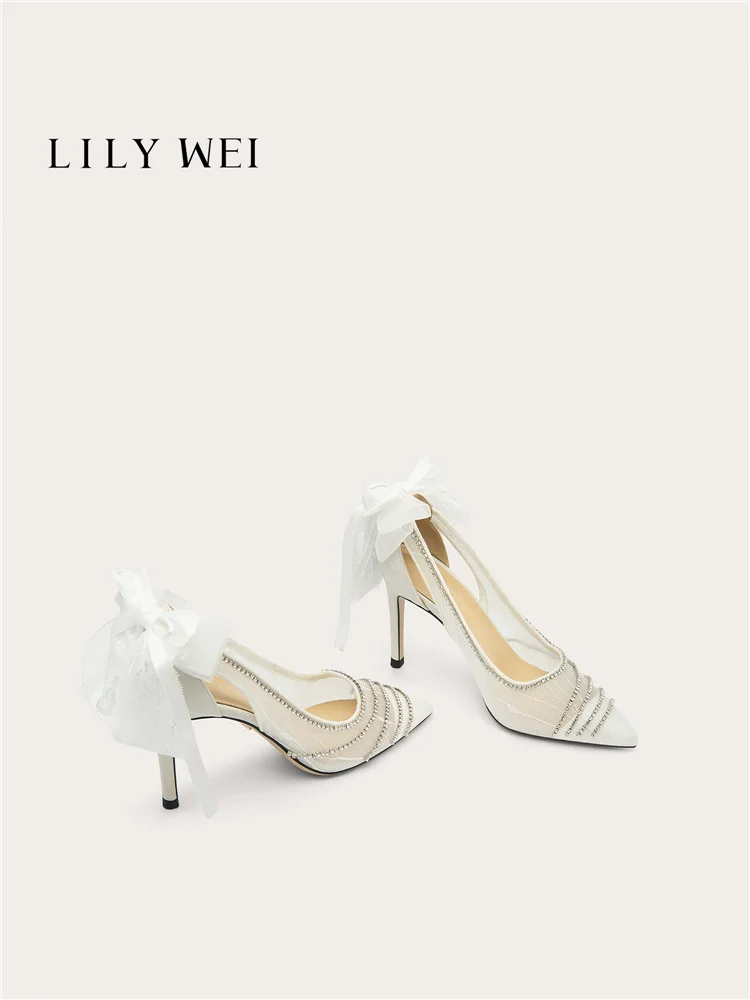 

Stiletto sandals spring and summer pointed toe lace mesh bow rhinestone wedding shoes banquet large size small size women's shoe