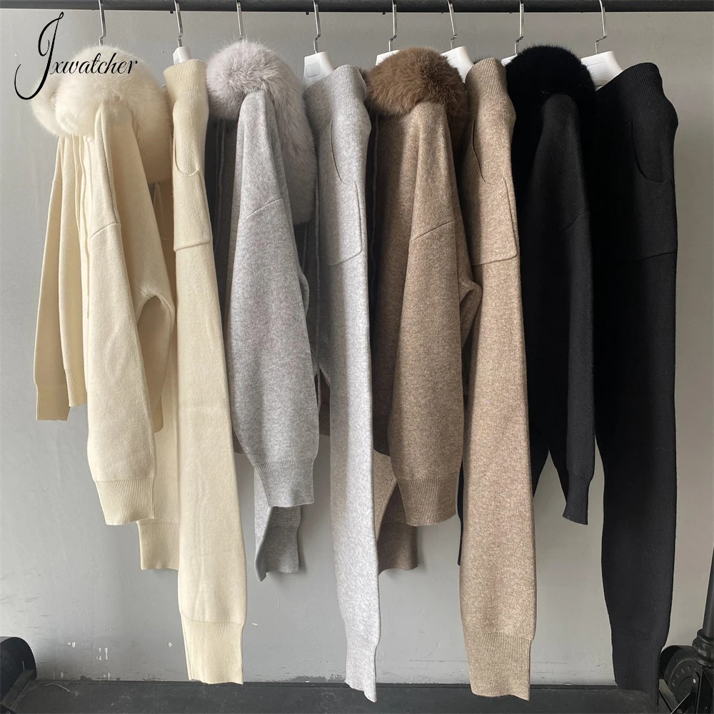 Jxwatcher Sweater wanita, Set dengan kerah bulu palsu musim gugur Pullover bertudung elastis bagus campuran wol sweter hangat musim semi