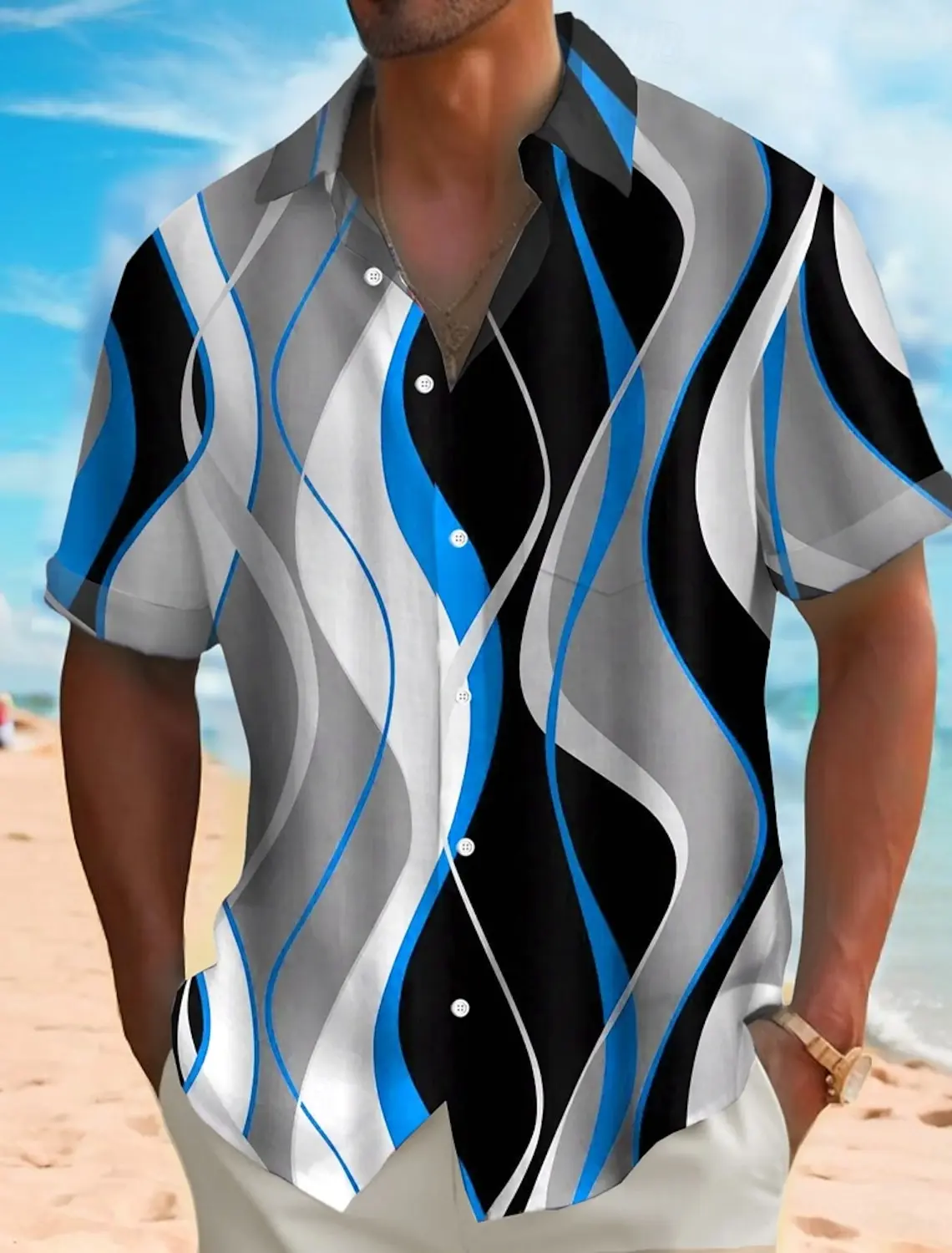 

2025 Summer Men's Geometric Waves Abstract Art Shirts Short SleeveTurndown Hawaiian Shirt Button Up Shirts No Pockets Shirts