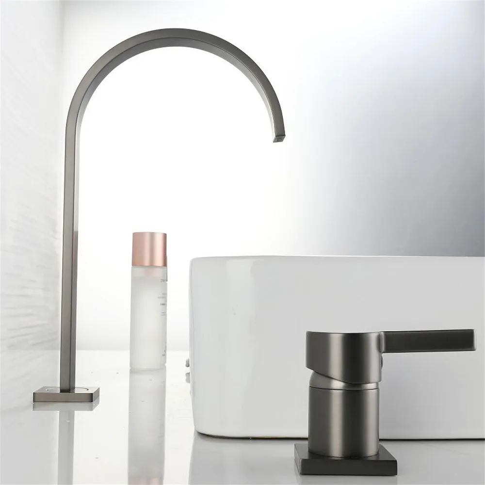 

Смеситель для раковины из матового золота, серый, с двумя отверстиями, поворотный на 360°, для ванной комнаты