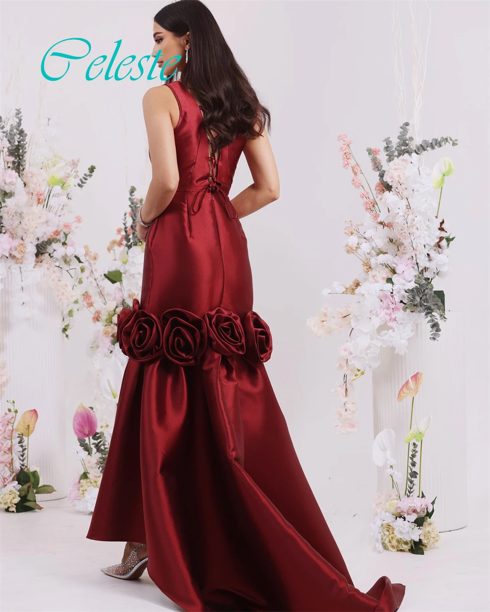 فستان سهرة مخصص بأشرطة سباغيتي رشيقة وفساتين مناسبة خاصة من الساتان الرائع وفساتين حفلات الزهور الرقيقة