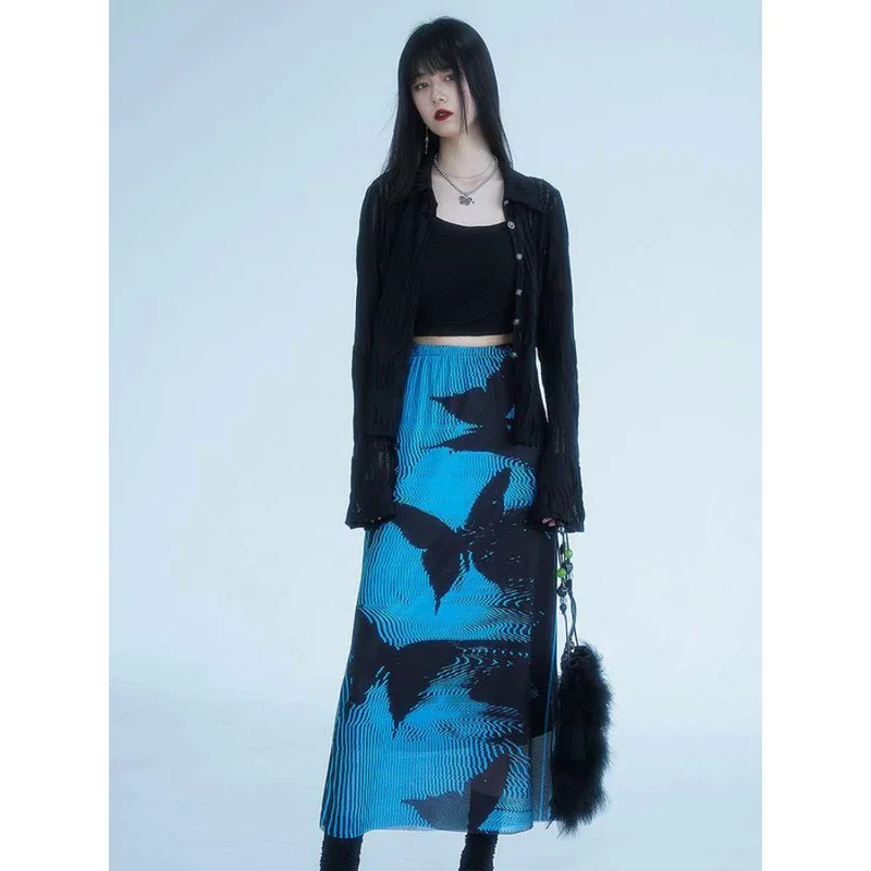 KOSAHIKI Gothic Pleated Skirts Womens Blue Saia Black Butterfly Print High Waist Skirt Woman Y2k Faldas Mujer Moda 2024 Korean