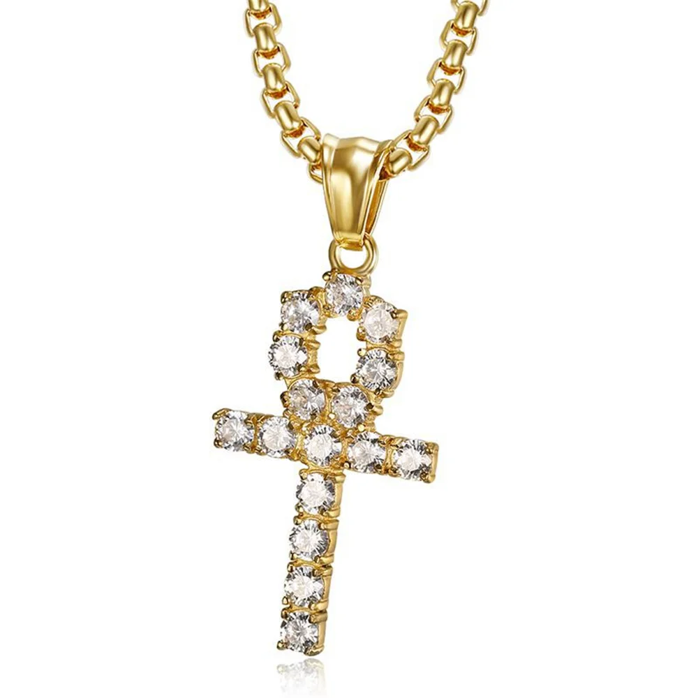 Ägypten vereist bling Ankh Kreuz Anhänger weibliche Goldfarbe Edelstahl kleine Amulett Halskette für Frauen ägyptischen Schmuck Geschenk
