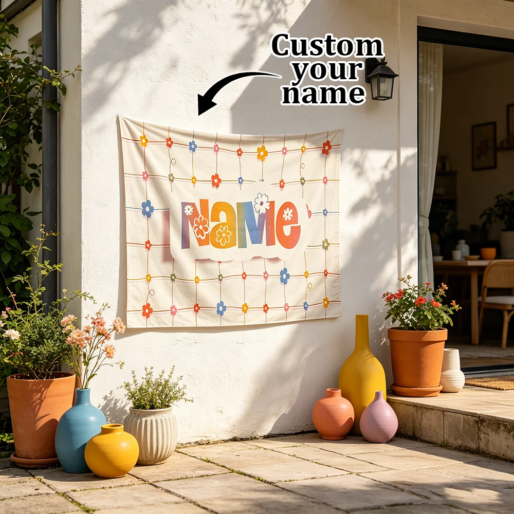 1PC Personalized Retro Floral Colorful Letter Name Tapestry Custom Groovy Flower Alphabet Wall Hanging Bedroom Aesthetic Decor