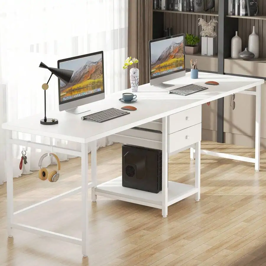 FINMIND 79-Inch Extra Long Double Desk With 2 Drawers, Two-Person Computer Desk With Storage Shelves, Writing Table Study Desk For Home Office, White