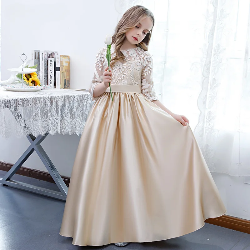 

Flower Girls Bridesmaid Dresses Kids Birthday Dresses Wedding Party Host Evening Dress Champagne Elegant Satin Lace Dress